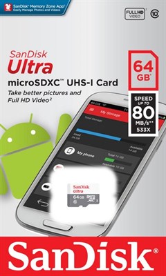 MicroSD 64GB SanDisk Class10 Ultra UHS-I 100Mb/s - фото 13035