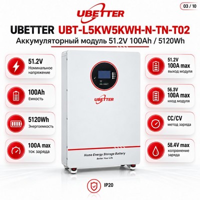 Домашняя система хранения энергии UBETTER UBT-L5KW5KWH-N-TN-T02 5кВт/5.12кВт ч - фото 22664