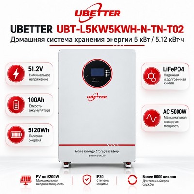 Домашняя система хранения энергии UBETTER UBT-L5KW5KWH-N-TN-T02 5кВт/5.12кВт ч - фото 22662